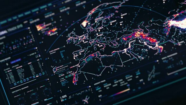 Perspective futuristic interface screen. Tracking location all over the world. Extremely detailed global communications. Multicolored cyber map, progress, targeting and locating objects with GPS