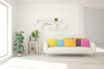White living room with sofa. Scandinavian interior design. 3D illustration
