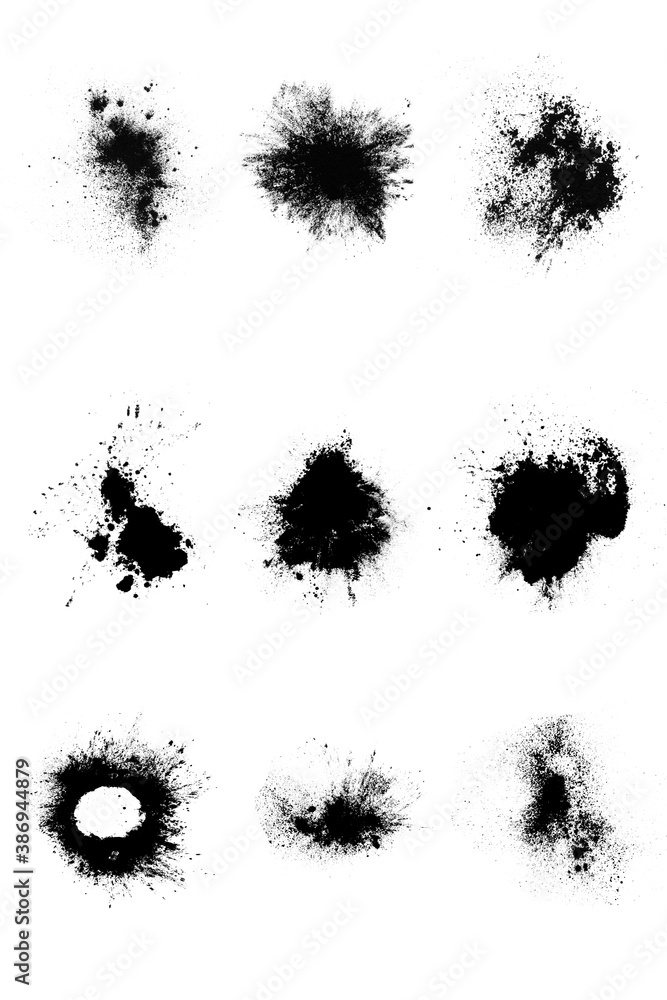 Poster set of black splashes with splashes isolated on white background