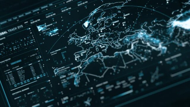 Blue perspective futuristic interface screen. Tracking location all over the world. Extremely detailed global communications. Cyber map, progress, targeting and locating objects with GPS navigation
