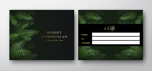 Merry Christmas Abstract Vector Greeting Gift Card Background. Back and Front Design Layout with Modern Typography. Soft Shadows and Fading Fir-needle Spruce or Pine Branches.