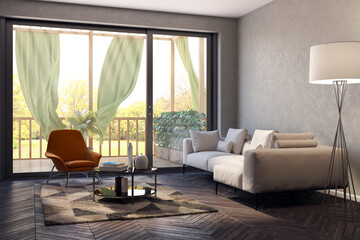 Fototapeta premium Large luxury modern minimal bright interiors room mockup illustration 3D rendering