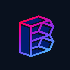Letter B logo.Geometric style typographic icon.Lettering sign.Uppercase neon color alphabet initial isolated on dark fund.Structural design modern concept.Construction company,web character shape.
