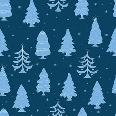 Seamless pattern with blue Christmas trees decorated with ornaments, cute holiday print, print for Christmas wrappers, fabrics, and wallpapers, greeting cards, vector illustration.