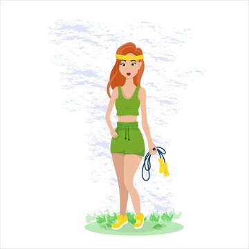 Girl in sportswear and sneakers with a skipping rope in hand, fitness snowman trains in nature, healthy and active lifestyle, red-haired girl with a beautiful athletic figure, vector illustration
