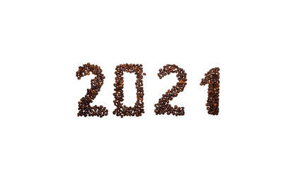 2021 laid out from coffee beans on a white background. christmas coffee house concept