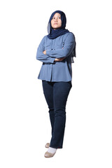 Asian muslim businesswoman showing serious expression, standing with arms crossed, full body portrait