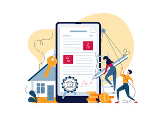 Mortgage online concept. Borrowers sign loan contract by e-signature. People affix an electronic signature to mortgage agreement. Digitally document on phone screen vector illustration, flat design