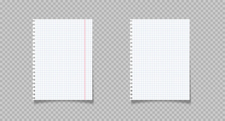 Notebook paper on transparent  background with shadow. Realistic square vector