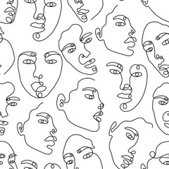 Eine Strichzeichnung abstraktes Gesicht nahtloses Muster. Moderne Minimalismuskunst, ästhetische Kontur. Kontinuierlicher Hintergrund mit Frauen- und Manngesichtern. Vektorgruppe von Menschen