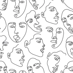 Abwaschbare Fototapete Eine Linie Eine Strichzeichnung abstraktes Gesicht nahtloses Muster. Moderne Minimalismuskunst, ästhetische Kontur. Kontinuierlicher Hintergrund mit Frauen- und Manngesichtern. Vektorgruppe von Menschen
