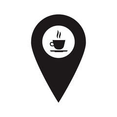 Black Map Pointer with coffee cup inside. Restaurant marker. A place to drink tea. You are here symbol. gps navigation. Vector flat design map marker icon that points location. Web element design.