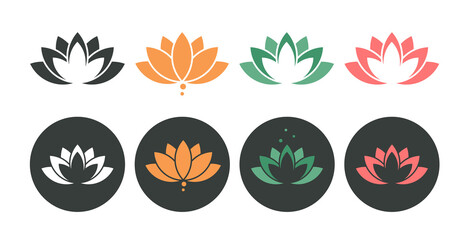 Simple Lotus flower icon set, side view. Vector flat design. Symbol of life and health.