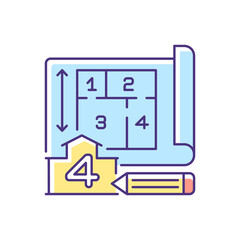 Number of rooms RGB color icon. Architect plan of building. Engineering draft of residential house. Real estate structure. Technical drawing. Blueprint of accommodation. Isolated vector illustration