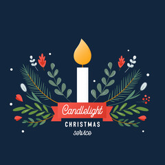 Candle and Ornaments Christmas Eve Candlelight Service Invitation. Vector Design - 386949097