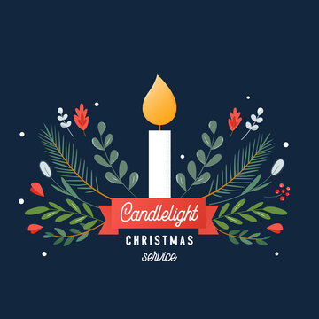 Candle and Ornaments Christmas Eve Candlelight Service Invitation. Vector Design