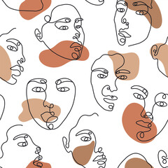 One line drawing abstract face with shape seamless pattern. Modern minimalism art, aesthetic contour. Continuous line background with woman faces.