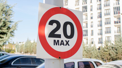 Maximum speed 20 sign on the road, maximum speed sign