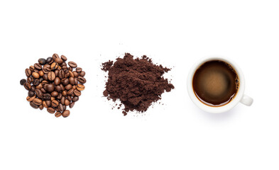 composition with coffee beans, ground and black coffee cup
