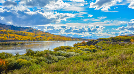 Fototapeta na wymiar colorful autumn landscape on a Sunny day by the river in Transbaikalia