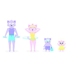 Naklejka premium Vector pattern in pastel colors on the theme of a healthy lifestyle, an athletic feline family. Vector illustration for print, postcard, textile and fabric