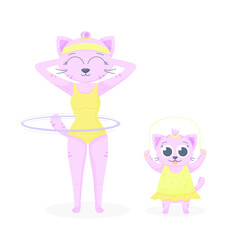 Obraz premium Vector pattern in pastel colors on the theme of a healthy lifestyle, an athletic feline family. Vector illustration for print, postcard, textile and fabric