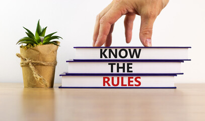 Books with text 'know the rules' on beautiful wooden table. Male hand and house plant. White background. Business concept. Copy space.