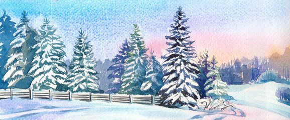 Forest edge with snow-covered fir trees at sunset in watercolor.