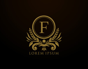  Luxury Royal Letter F Monogram Logo, Elegant Circle Badge With Floral Design.