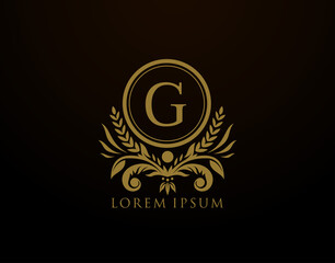  Luxury Royal Letter G Monogram Logo, Elegant Circle Badge With Floral Design.