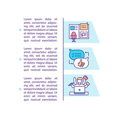 Influencer marketing agency concept icon with text. Online advertisement option. Ecommerence ad campaign. PPT page vector template. Brochure, magazine, booklet design element with linear illustrations