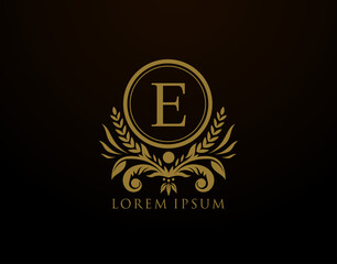  Luxury Royal Letter E Monogram Logo, Elegant Circle Badge With Floral Design.