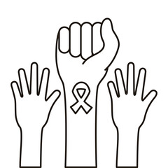 hands fight with ribbon breast cancer line style icon