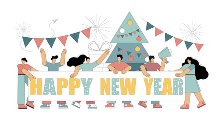 People are holding a banner with the inscription Happy New Year. New year concept. Vector illustration isolated on white background.