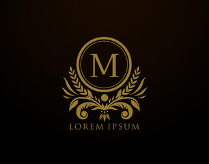  Luxury Royal Letter M Monogram Logo, Elegant Circle Badge With Floral Design.