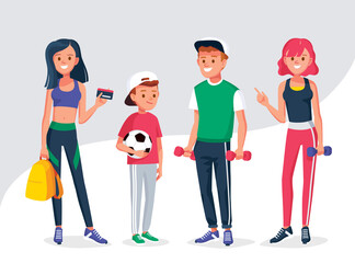 Obraz premium Regular female gym visitor customer, goer. Man and woman standing with dumbbells. Boy standing holding ball.