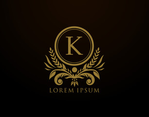  Luxury Royal Letter K Monogram Logo, Elegant Circle Badge With Floral Design.