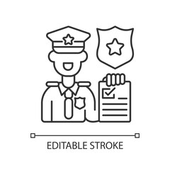 Law enforcement linear icon. Police officer. Cop. Sheriff. Maintaining public order and safety. Thin line customizable illustration. Contour symbol. Vector isolated outline drawing. Editable stroke