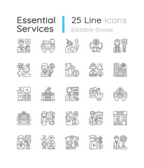 Essential services linear icons set. Key industries. Healthcare. Electricity. Water supply. Firefighting. Customizable thin line contour symbols. Isolated vector outline illustrations. Editable stroke