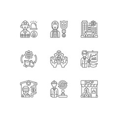 Key services linear icons set. Firefighting. Public safety. Bank. Environmental services. Customizable thin line contour symbols. Isolated vector outline illustrations. Editable stroke