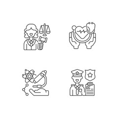 Critical services linear icons set. Justice sector. Health care. Human services. Research. Judiciary. Customizable thin line contour symbols. Isolated vector outline illustrations. Editable stroke