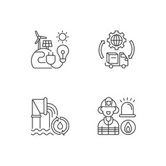 Basic services linear icons set. Renewable-energy facilities. Water and wastewater. Firefighting. Customizable thin line contour symbols. Isolated vector outline illustrations. Editable stroke