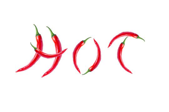the word "hot" made from chili peppers. chili pepper isolated on white background.