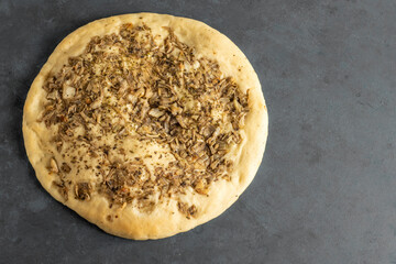 
Pre-ready and quick pizzas to prepare tomato sauce and cooked onion.
on dark gray countertop