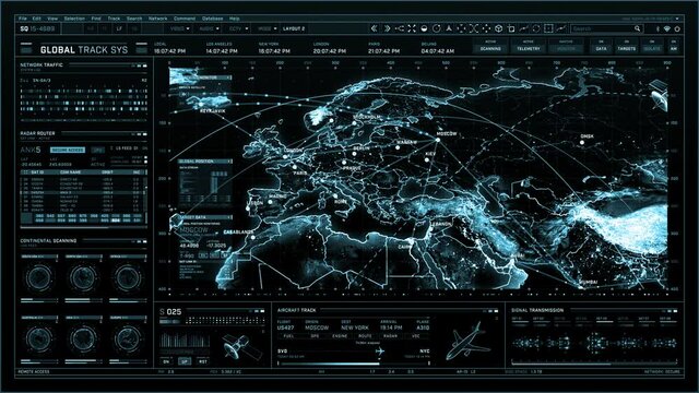 Blue futuristic digital interface screen. Tracking location all over the world. Extremely detailed global communications. Cyber map, progress, targeting and locating objects with GPS navigation