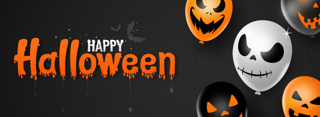 Happy halloween text banner ,scary balloons, bats, spider, isolated  on black   background, party on holiday events   vector illustration