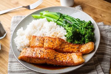 salmon teriyaki with rice and boiled broccolini