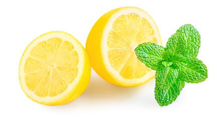 Group of lemons with mint leaves isolated on white background. Lemon fruit close up.