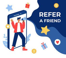 Refer a friend concept. Guy with megaphone. 