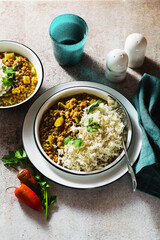indian lentil dhal with vegetables and basmati rice on the table. healthy vegan Ayurvedic cuisine